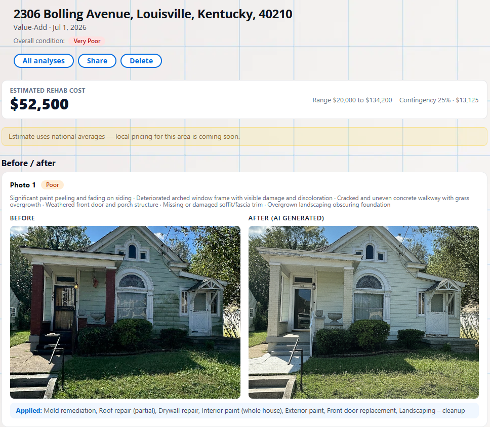 Before and after exterior rehab render generated from a distressed rental property photo